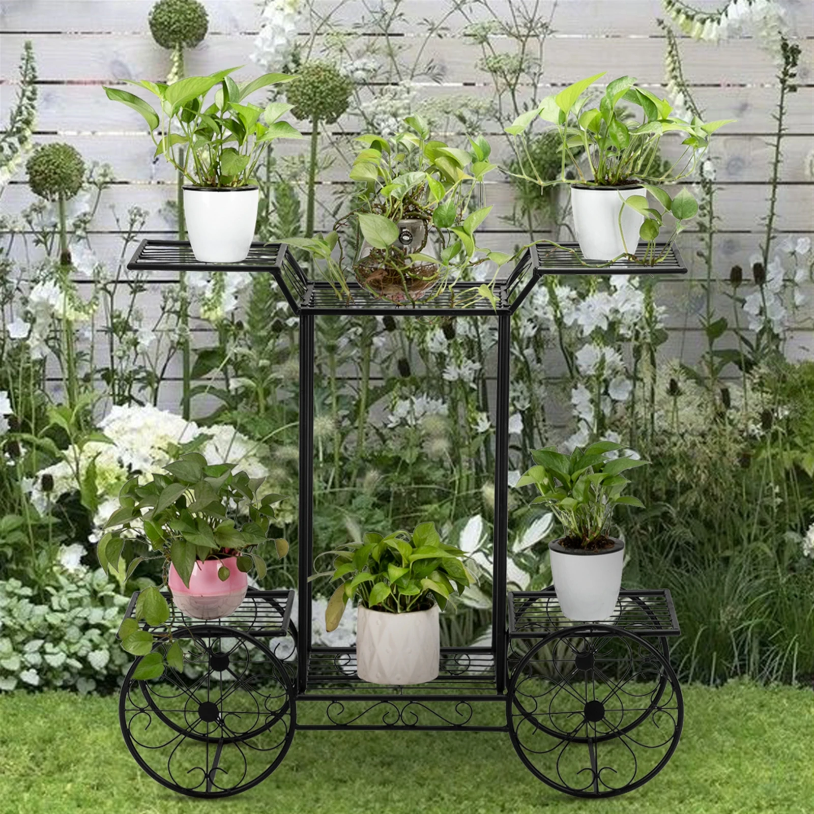 Classical European Style Paint Car Shape 6 Plant Stand Black Rugged Perfect For Your Garden, Patio, Deck And Home