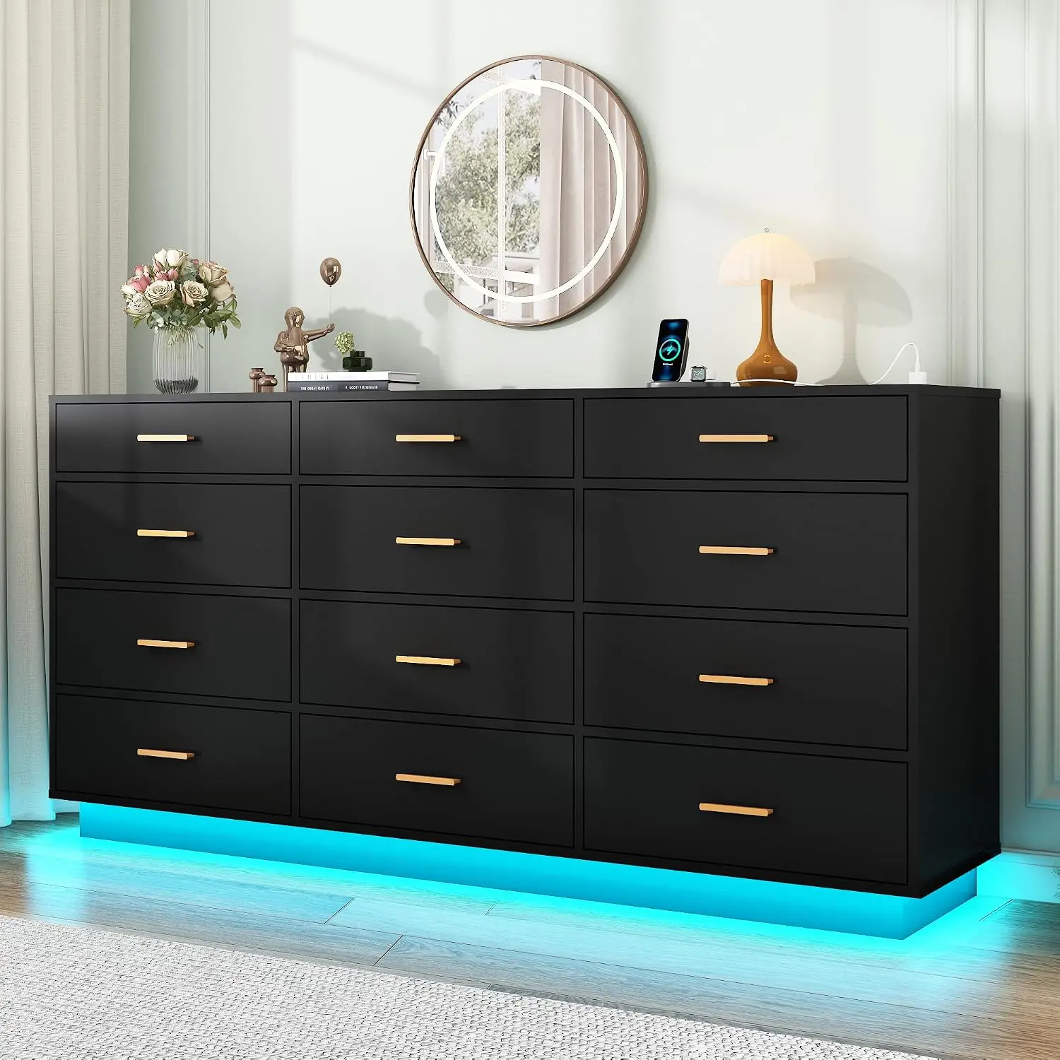 12 Drawers Tall Dresser w/Power Outlet & LED Lights, 63In Wooden Storage Cabinet for Bedroom Closet Hallway, Customized
