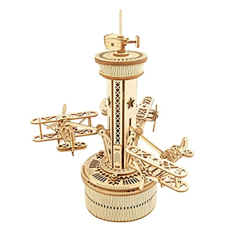 Robotime Roker 3D Wooden Puzzles for Adults DIY Musical Box Model Kit to Build Self-Assembly Building Kit Airplane-Control Tower