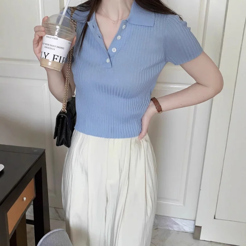 

Summer Sweet Korean StylepoloRibbed collar, short style,, short-sleeved, lightweight, breathable wool knit sweater