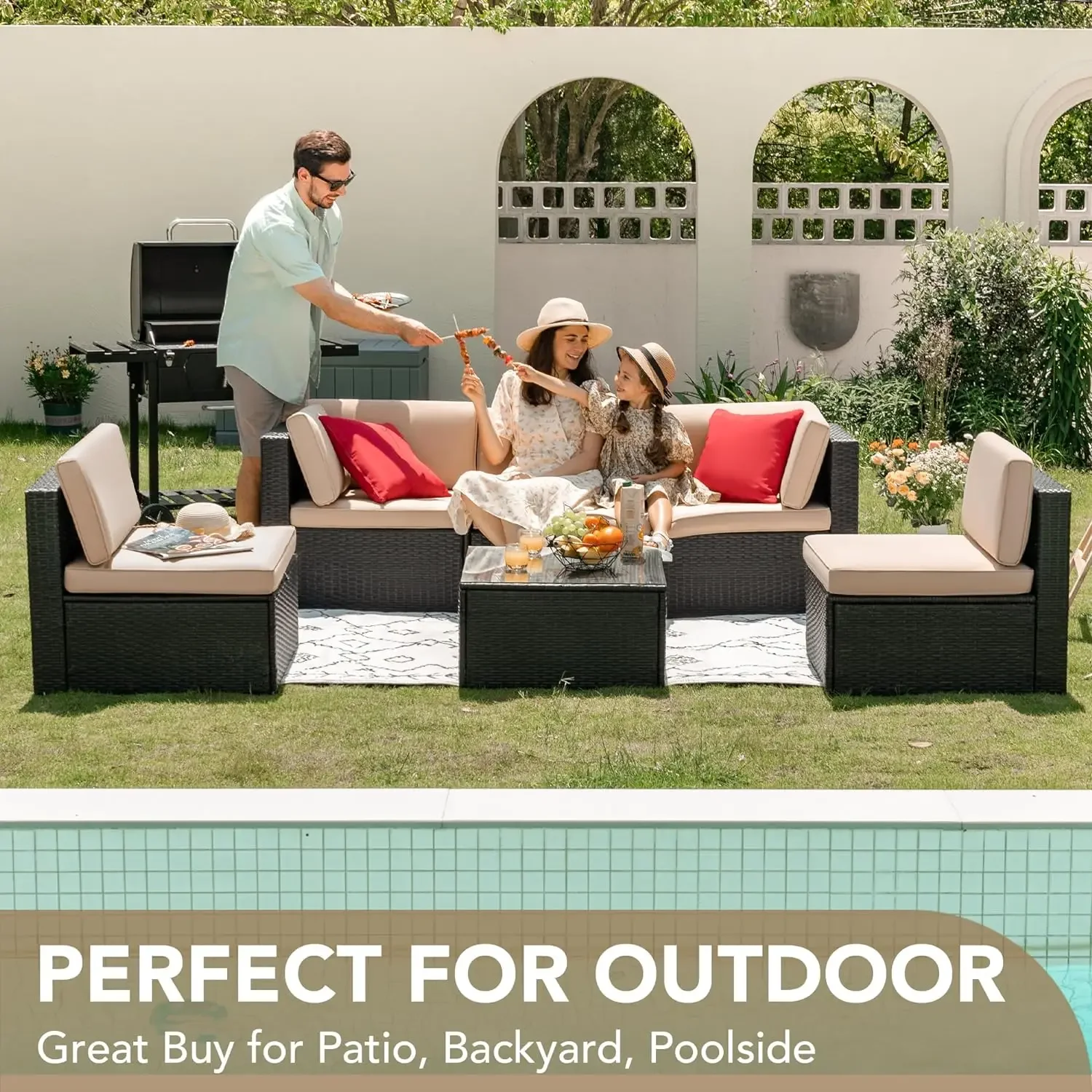 Patio Furniture Sets 6 Pieces Outdoor Sectional Rattan Sofa Manual Weaving Wicker Patio Conversation Set