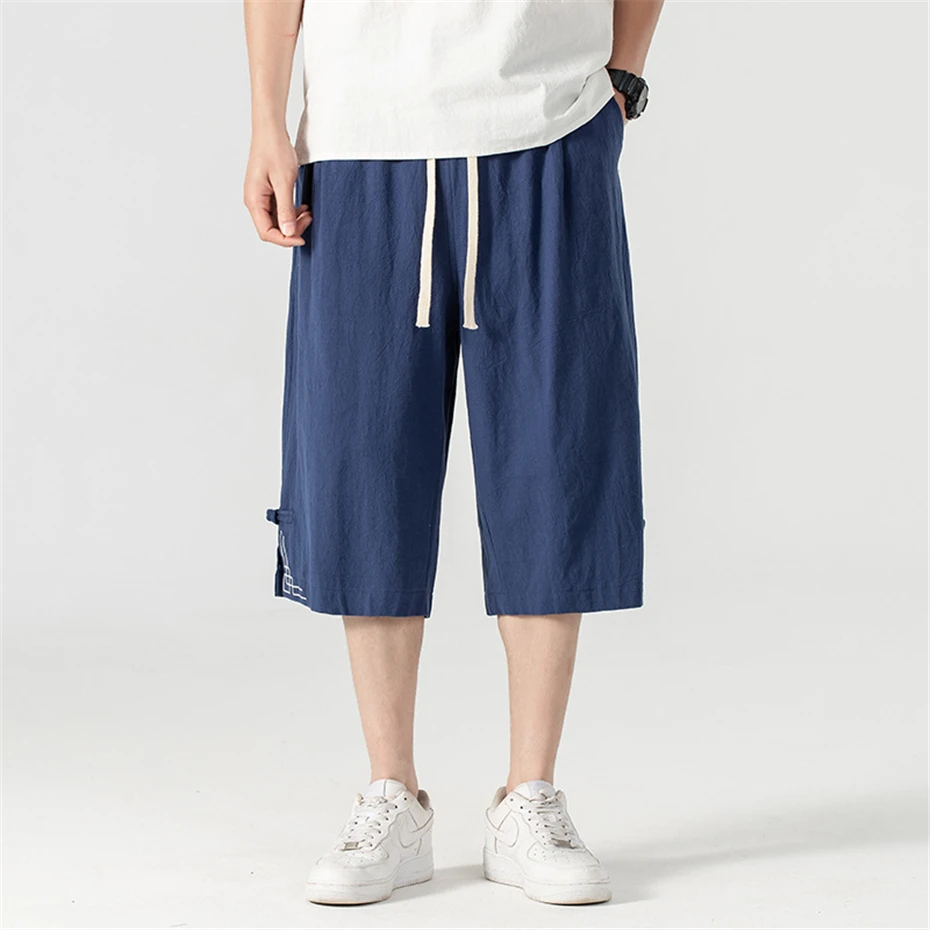 Summer Calf-length Pants Men Loose Linen Pants Plus Size 9XL Summer Short Pants Male Solid Color Bottom Big Size 9XL