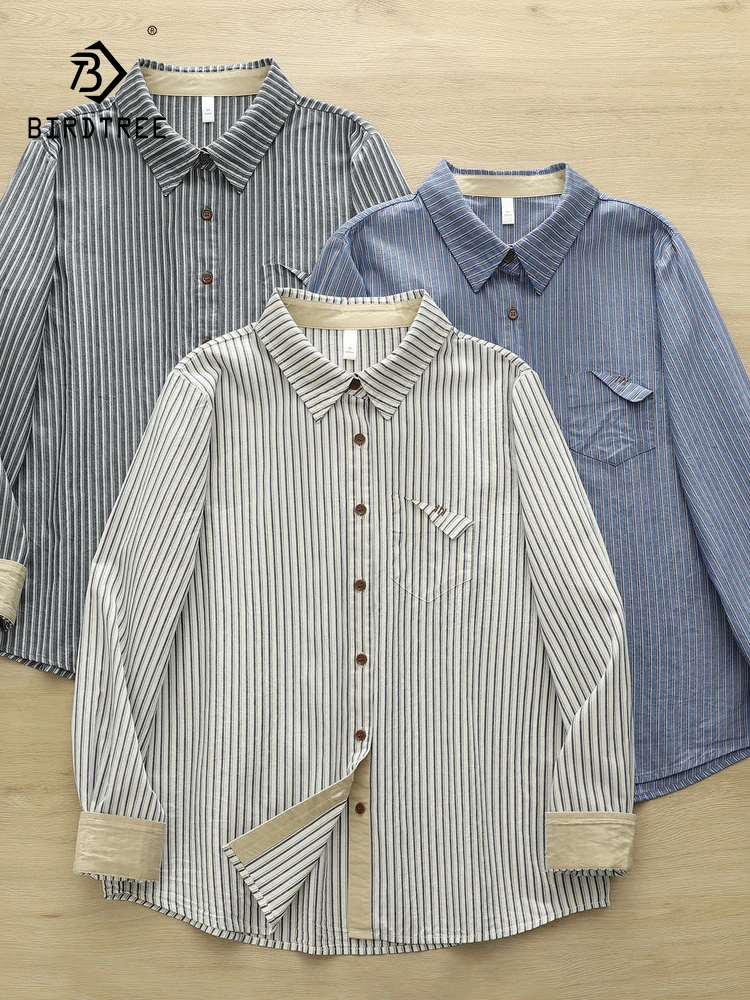 

Новая женская хлопковая рубашка с длинным рукавом на весну 2026 года, с отложным воротником, в полоску, с карманами, в стиле Mori Girl, ретро, повседневная, свободная блузка T61551CC