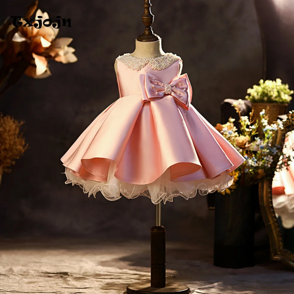 Baby Girl Tutu Dress 1-14 Years Old Girl's Beaded Princess Dress Satin Bow Birthday Dress Wedding Dress Flower Girl Show Dress