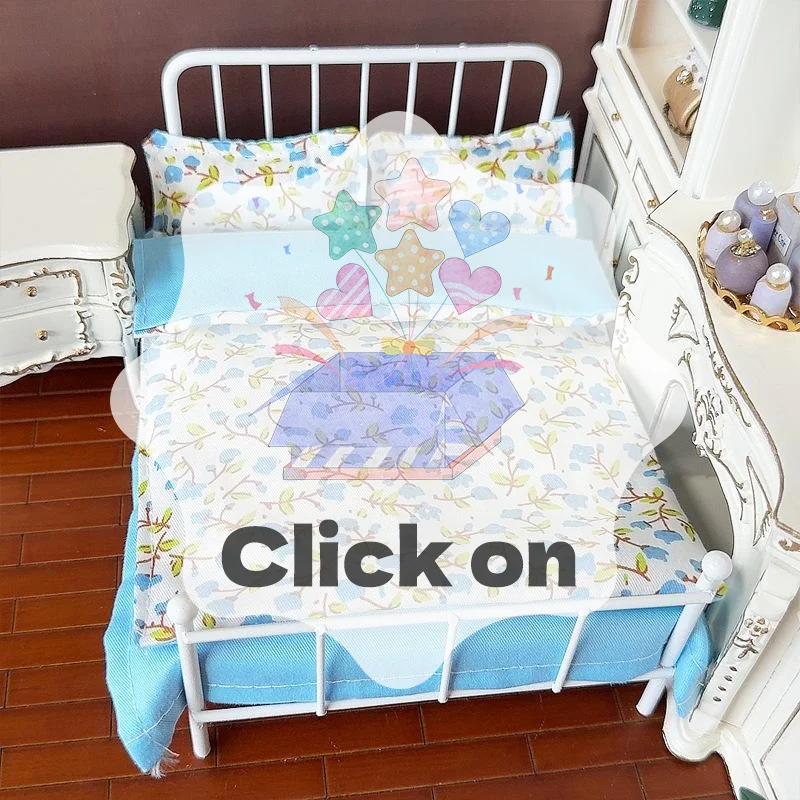 1/12 Dollhouse Miniature Bed Four Piece Bed Set Bed Sheet Quilt Pillow Quilt Cover Bedding Set Doll Bedroom Decoration Toy