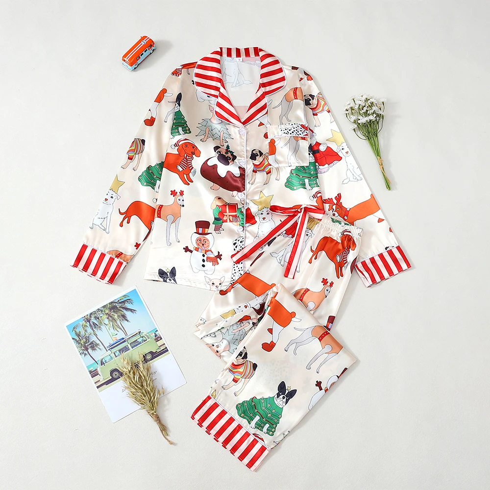 

2 шт., модный удобный пижамный комплект для женщин, забавная одежда для сна с животным принтом, брючный костюм полной длины с длинными рукавами, повседневная домашняя одежда