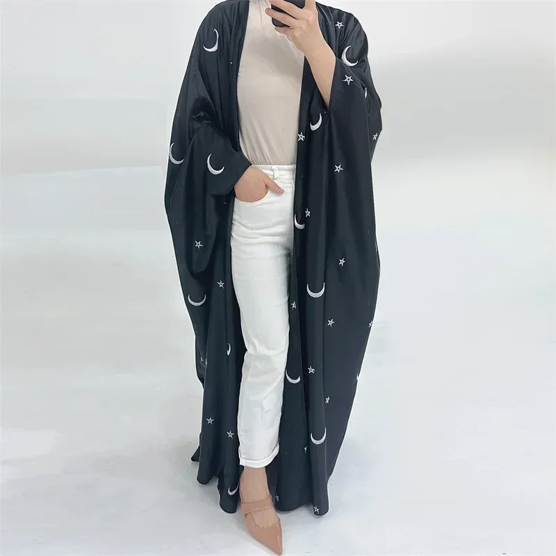 

Satin Moon Embroidery Open Abaya Women Muslim Kimono Long Maxi Dress Turkey Islamic Arab Eid Party Gown Caftan Morocco Jalabiya