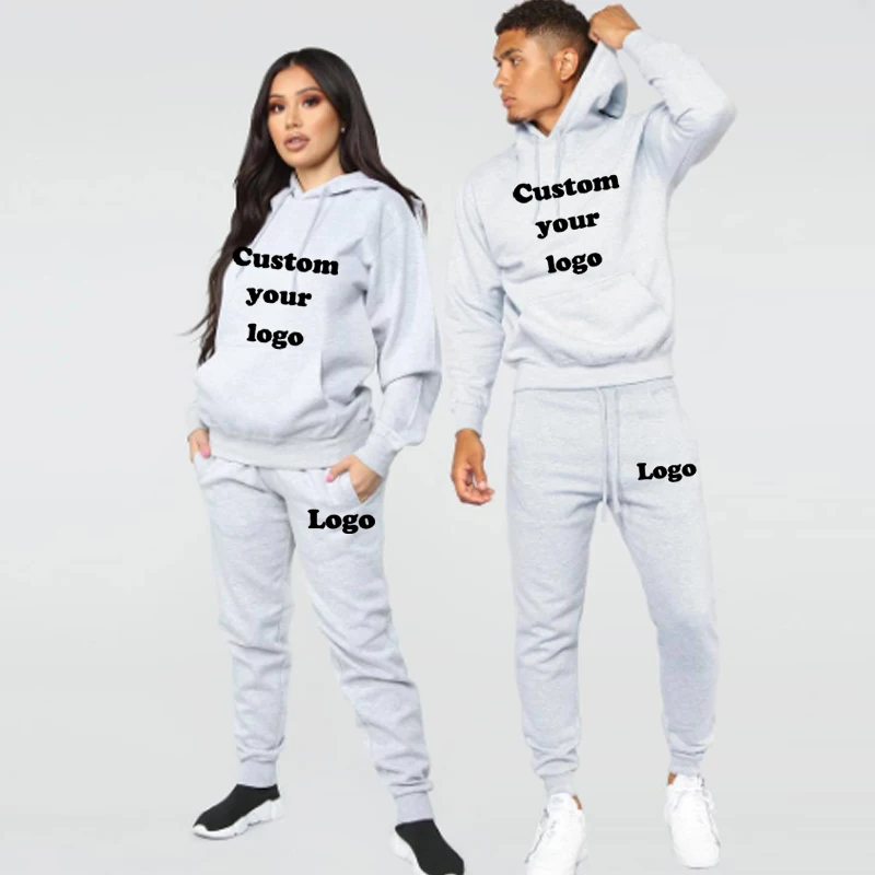 Design Your Logo Vintage Casual Suits Basics Unisex Couple Set Hoodie Long Pant Men Solid Pocket Spring Autumn Outfit Streetwear