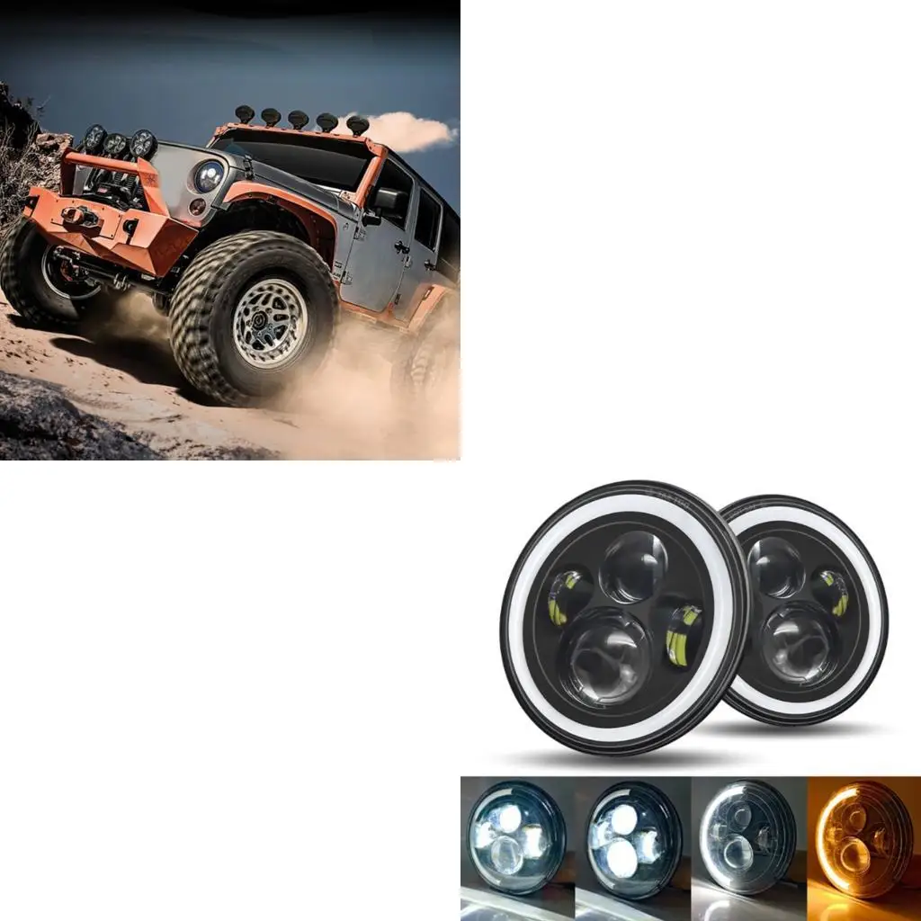 7 Inch Round LED Headlight Pair with 2 Lens Front Face, Black Housing for Front Lighting Replacement in Road Use