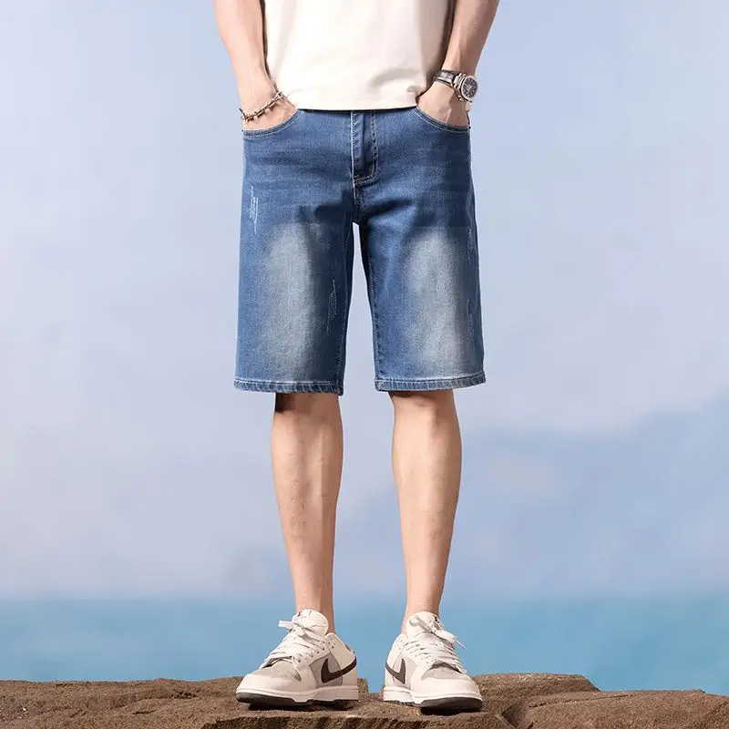 

Summer Thin Denim Shorts Men Loose Straight Korean Style Ripped Medium Long Trendy Casual Hot Items