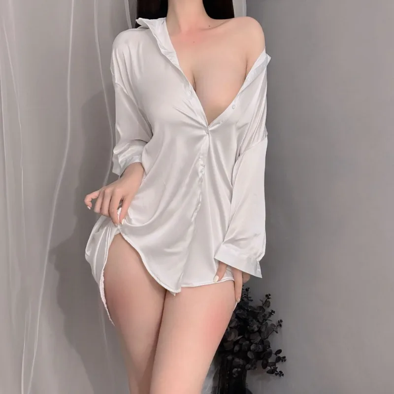 100kg Plus Size Boyfriend White Shirt Sexy Lingerie Women Satin Silky Sleepwear Summer Loose Mini Nightdress See Through Pajamas