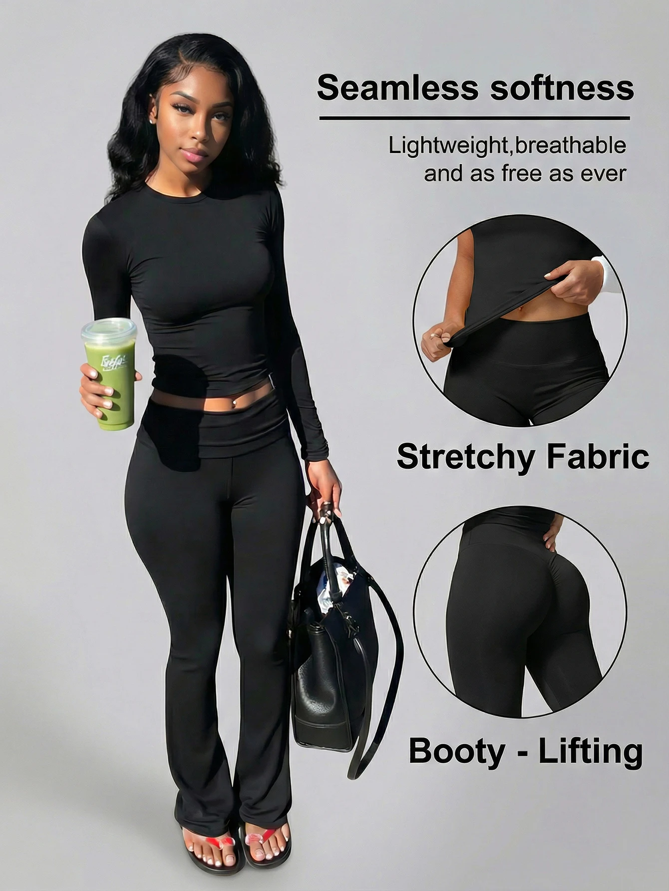 

Женский однотонный комплект из футболки с длинными рукавами и круглым вырезом и брюк-клеш, повседневный комплект из двух предметов, спортивный комплект, комплект для фитнеса.