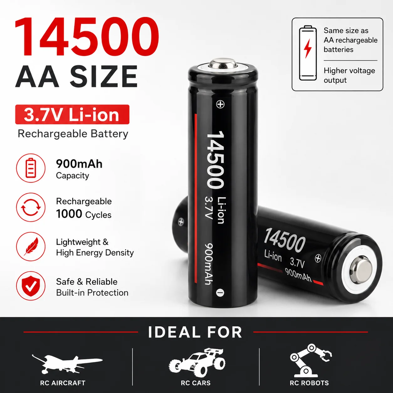 High Capacity 3.7V AA Size Rechargeable Lithium Battery 14500 LR6 AM3 Long Lasting for Toys LED Lights Small Fans Flashlight