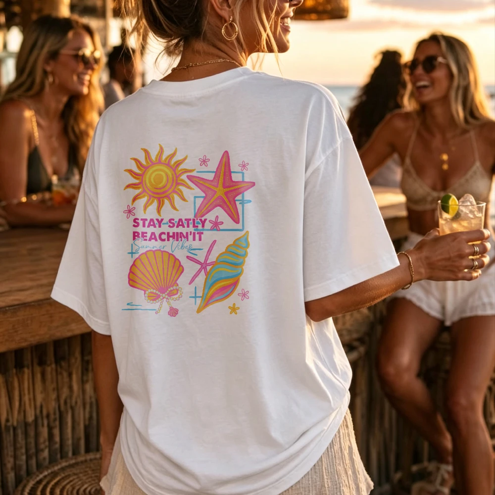 Y2K Retro 90s Coastal Aesthetic Seashell Starfish Women Loose T Shirt Stay Salty Beachin'It Summer Holiday Friend Gift Tee