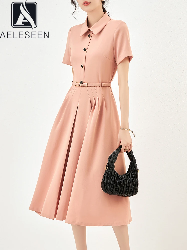 

AELESEEN Runway Fashion Summer Dress Women Turn-down Collar Pink Black Single-breasted Belt Elegant Knee-length Party Holiday