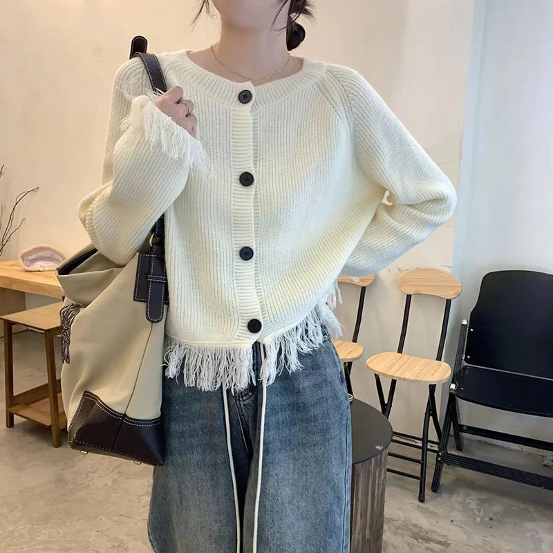 Fashion Solid Color Button Cardigan Tassel Sweaters Female Clothing 2023 Autumn Winter Oversized Knitted Casual Tops