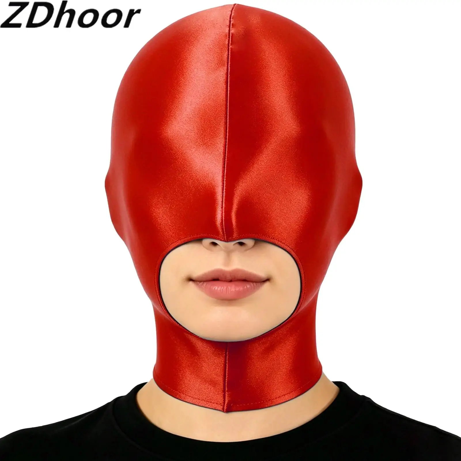 Open Mouth Balaclava Mask Full-head Full-neck Cover Back Zipper Blindfold Hood Glossy Headgear for Halloween Nightclub