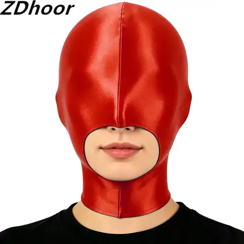 Open Mouth Balaclava Mask Full-head Full-neck Cover Back Zipper Blindfold Hood Glossy Headgear for Halloween Nightclub