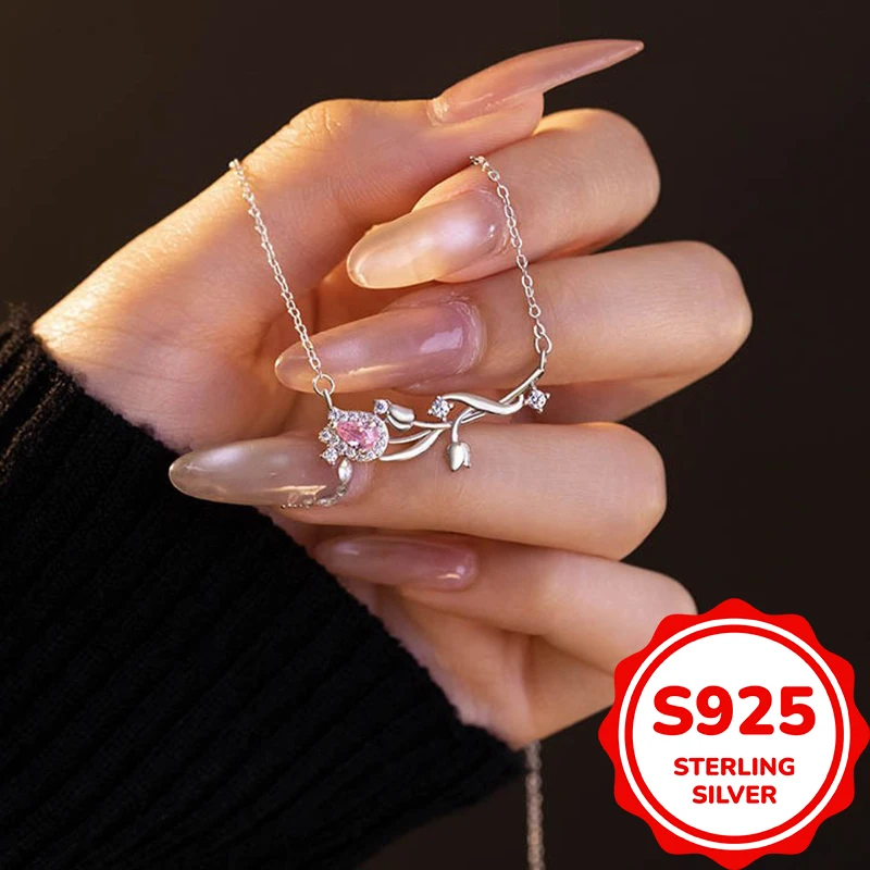 

Ожерелье-тюльпан из стерлингового серебра 925 пробы для женщин, легкая роскошная высококачественная цепочка на ключицу с цирконом, подвеска с цветком