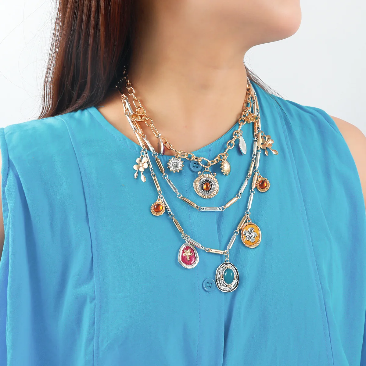 قلادة مصنوعة من سبائك متعددة الطبقات من العلامة التجارية الأوروبية والأمريكية المبالغ فيها، سلسلة الترقوة من الراتنج الزهري، عطلة الشاطئ الطبيعية #1