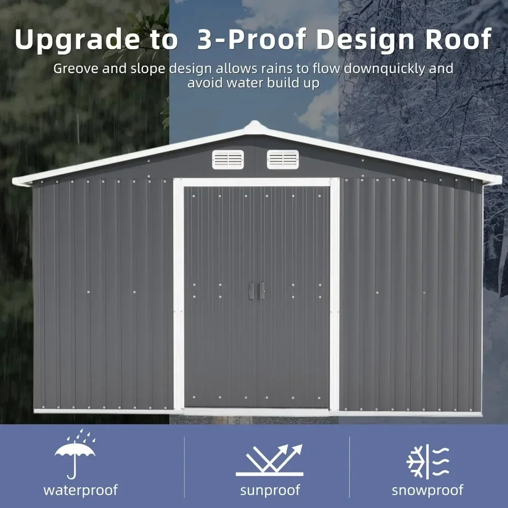 12 x 10 FT Outdoor Storage Shed,Metal Garden Shed with 2 Lockable Sliding Doors & 4 Air Vents, Large Tool Shed with Storage Hook