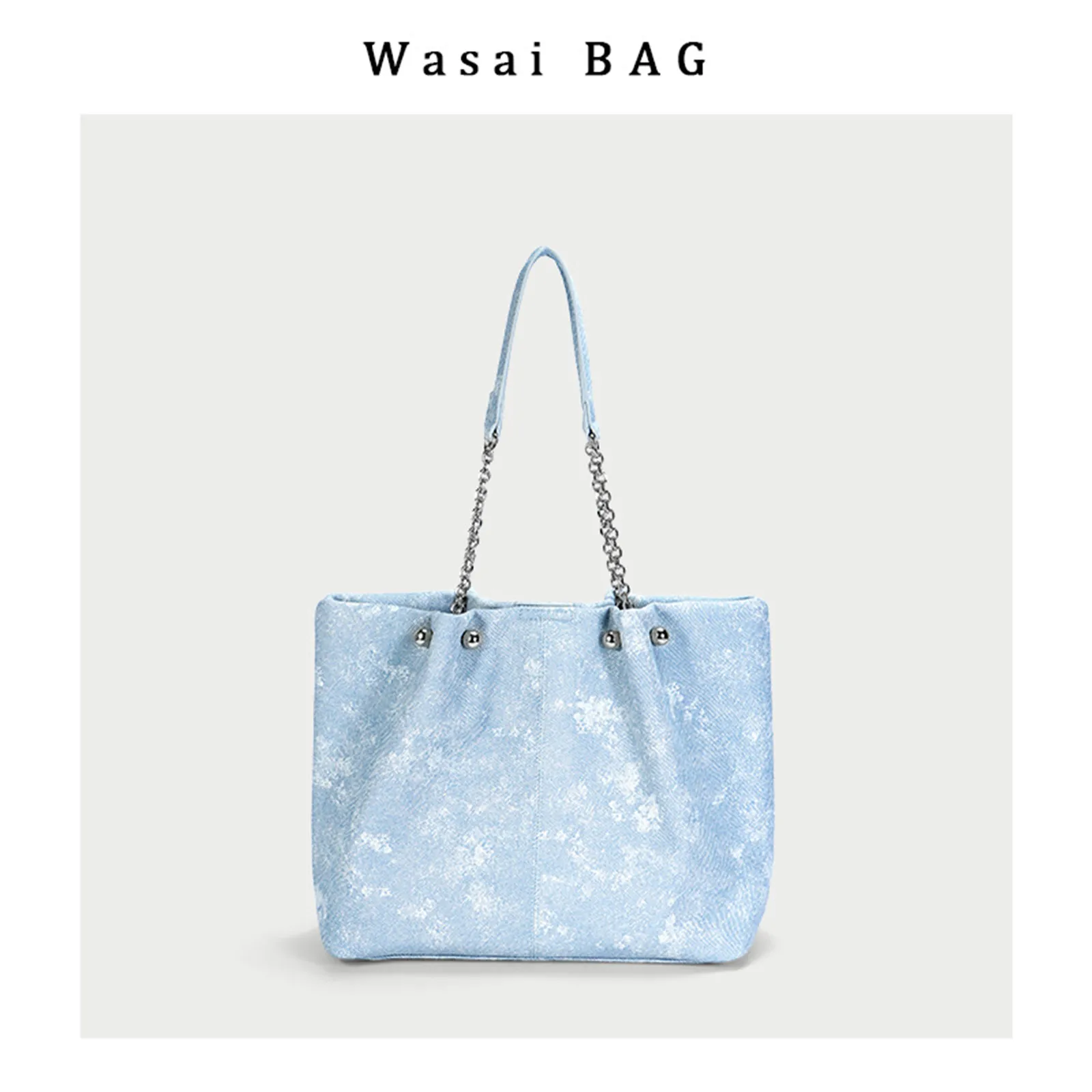 Women's Light Blue Chain Splicing Tote Bag Denim Pattern Shoulder Bag Large Capacity Handbag Student Commuting Casual Bookbag