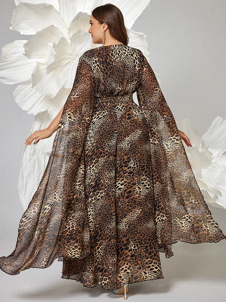 TOLEEN Plus Size Women\'s V-Neck Long-Sleeve Maxi Leopard Print Dress 2024 New Luxury Elegant Formal Party Evening Maxi Dresses