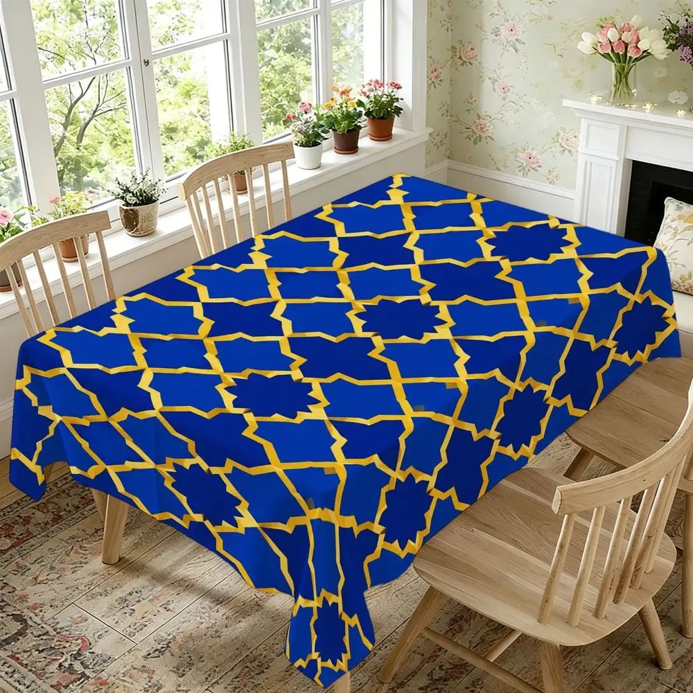 Royal Blue & Golden Interlocking Floral Tablecloth - Modern Geometric Washable Polyester Table Cover Suitable for Dining Room, Kitchen, Wedding, Party Decor, Elegant Rectangular Table for Holiday Home Decor, Durable Design