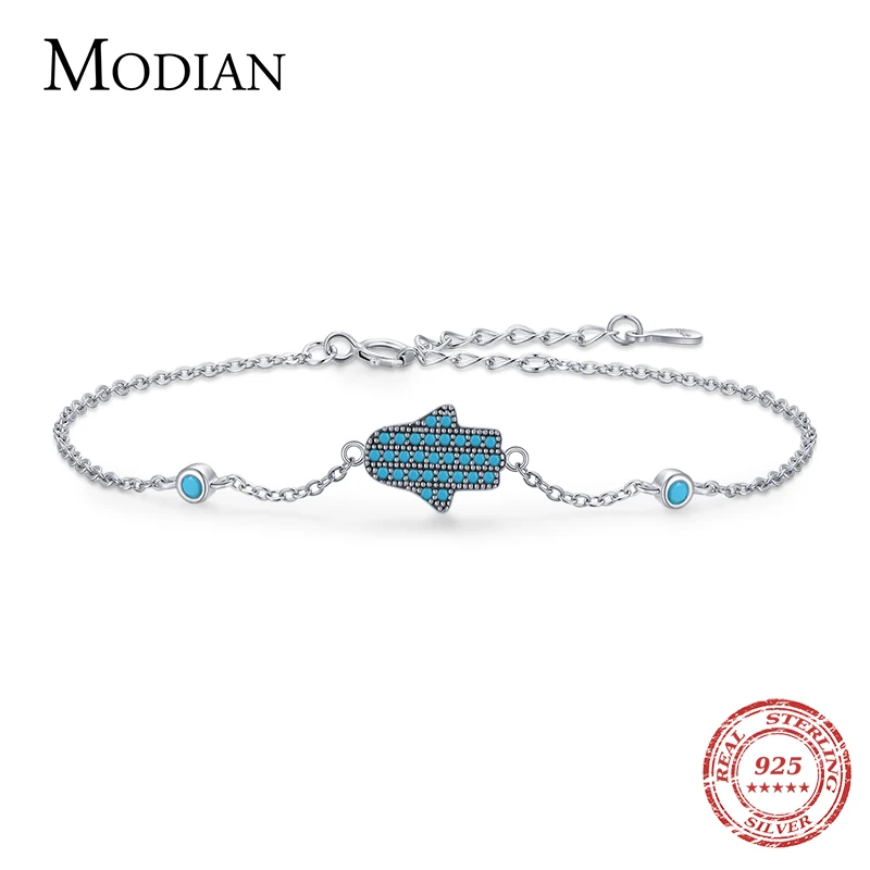 MODIAN Cute Hands Ghost Natural Turquoise Bracelet For Women  925 Sterling Silver Link Chain Bracelet Anti-allergy Jewelry