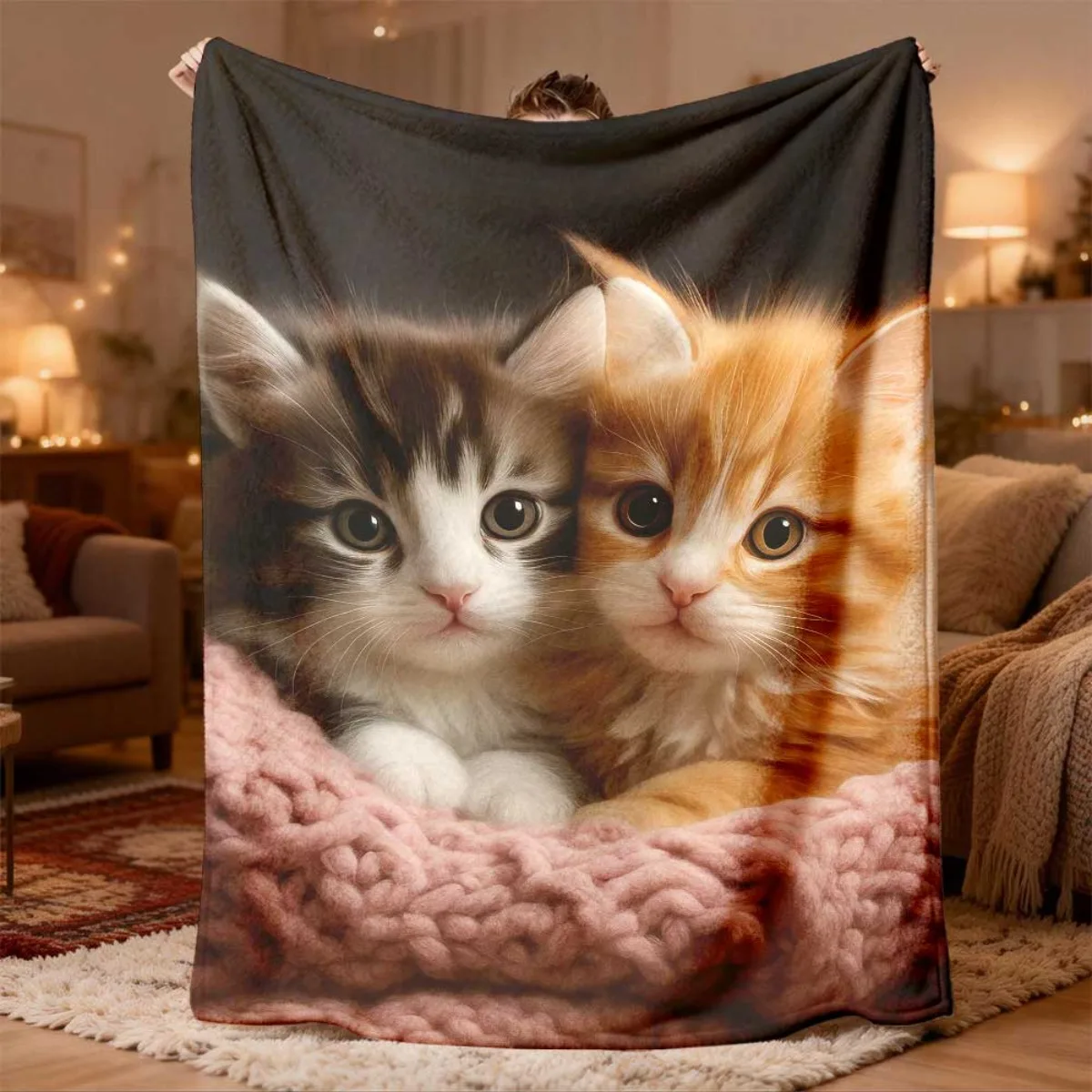 Cute Kitten Photo Throw Blanket Cozy Plush Pet Lover Gift for Couch Decor Home Accent