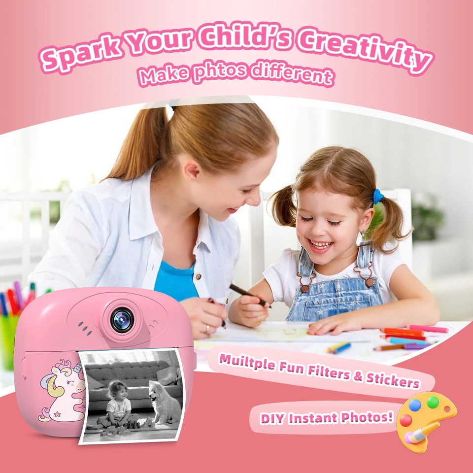 Appareil photo numérique à impression instantanée pour enfants, Halloween, étiquette Photo, appareil photo à impression thermique avec 2 rouleaux de papier d'imprimante, cadeaux de noël