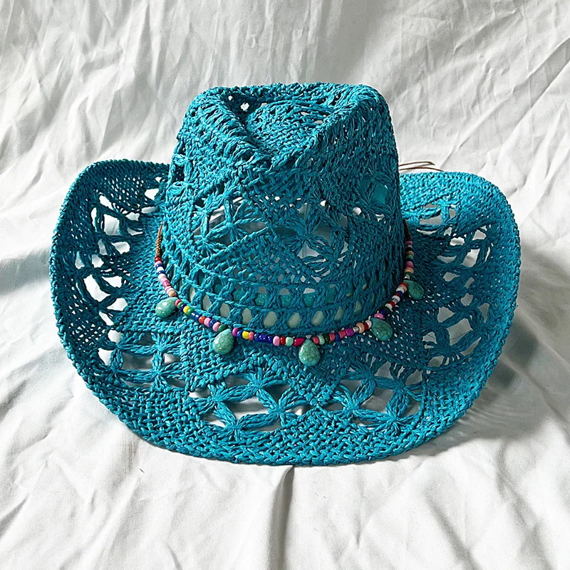 Sombrero de paja de vaquero azul lago para hombre, sombrero de Sol de vaquero occidental, sombrero de Jazz de ala ancha, Unisex, Primavera, 2023