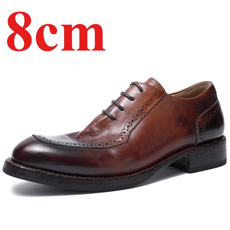 8cm Elevator Wedding Shoes Business Breathable Comfortable Height Increasing Shoes Retro Brown Washed Cowhide Men's Dress Shoes