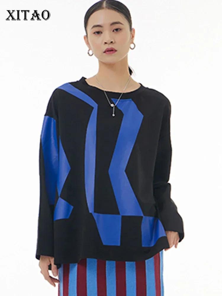 

XITAO Print O-neck Casual T-shirt Fashion Contrast Color Loose All-match Slimming 2023 Winter Women New Street Trendy HQQ1988