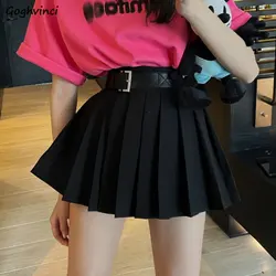 Pleated Skirts Women Mini Preppy Style Belt All-match Summer Solid Casual Simple High Waist Fashion College Girls Temperament