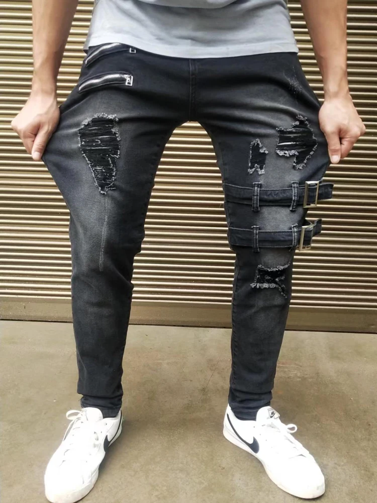 Pantalones vaqueros ajustados con decoración de cremallera para hombre, Jeans elásticos de algodón rasgados, pantalones de mezclilla de gran tamaño,