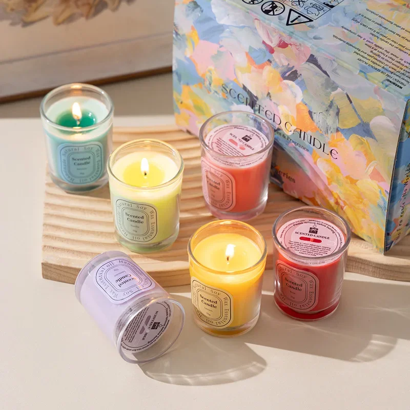 

6pcs Set Aromatherapy Candles Home Decoration Creative Birthday Wedding Gift Multicolour Glass Fragrance Soybean Scented Candles