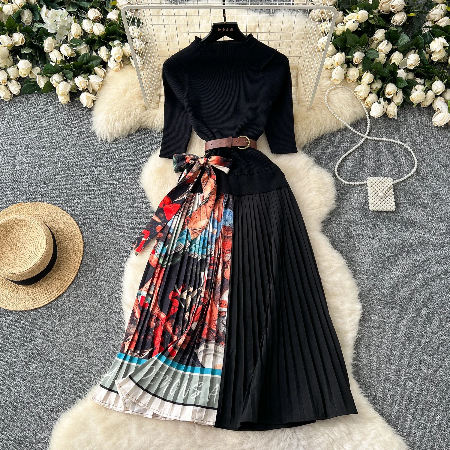 Elegant Half High Collar Vintage Half Sleeves Chic Knit Sashes Print Slim Pleated Dress French Women High Street Winter Clothing