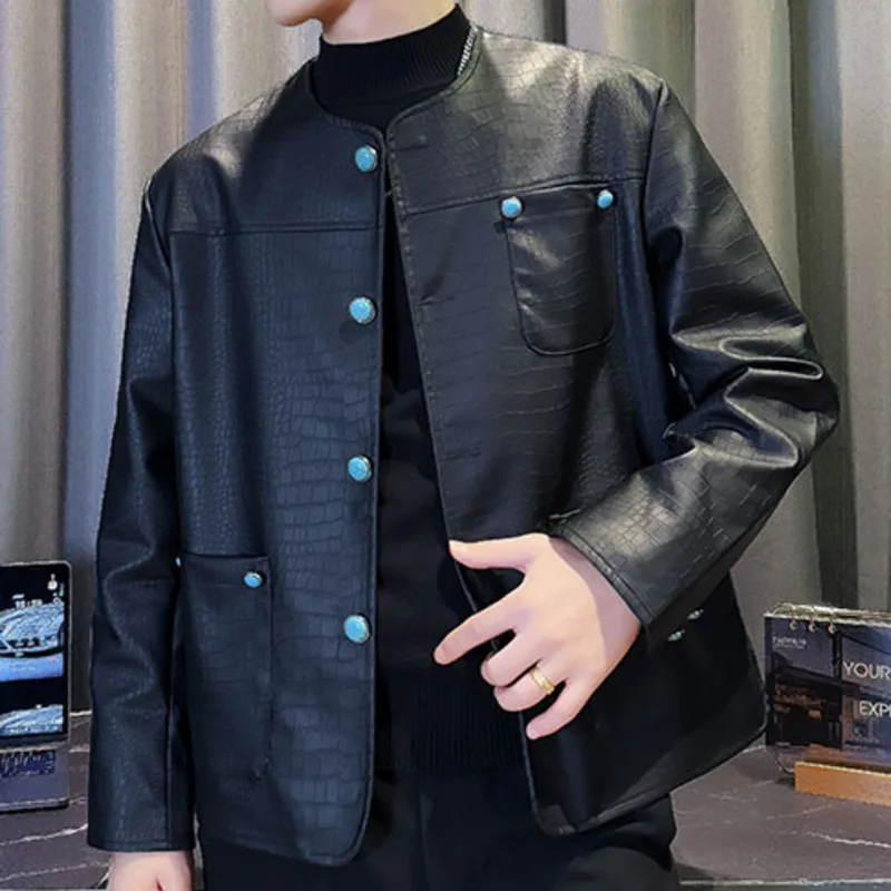 

Корейский стиль без воротника, однотонная текстурированная куртка с синими пуговицами павлина, мужская куртка из искусственной кожи, кожаная куртка в стиле панк для мужчин