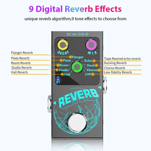 Pedal de efectos de guitarra guitarra de reverberación Digital 9 Pedal de efectos de guitarra de reverberación diferente acompañamiento inalámbrico DECAY/MIX luminoso
