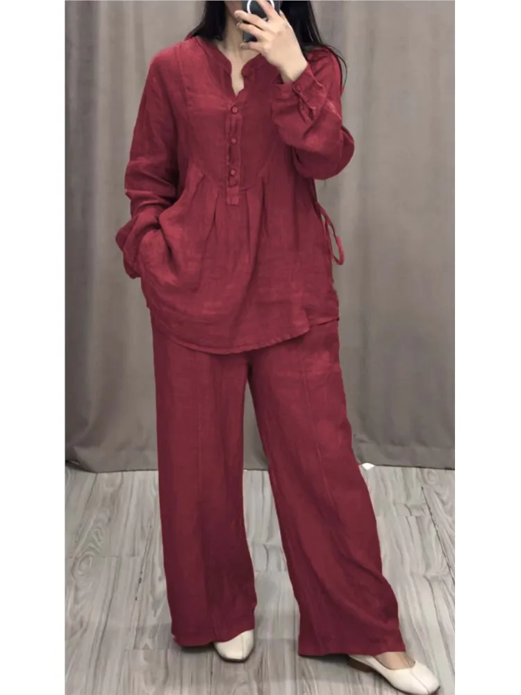 Spring Autumn Two Piece Sets 2024 Women Casual Long Sleeve Pocket Shirts 2 Piece Set Fashion Loose  Pleated Wide-leg Pants Suit