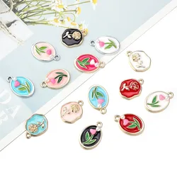 2pcs Zinc Alloy Charms Pendant Rose Flowers Enamel Coin Charms For Making DIY Accessories Earrings Necklace Colorful Tulip Oval
