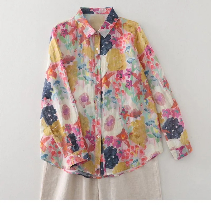 Women Cotton Linen Floral French Artistic Print Shirt Top For Autumn Casual Button Long Sleeve Pink Blouse Korean Style Clothes