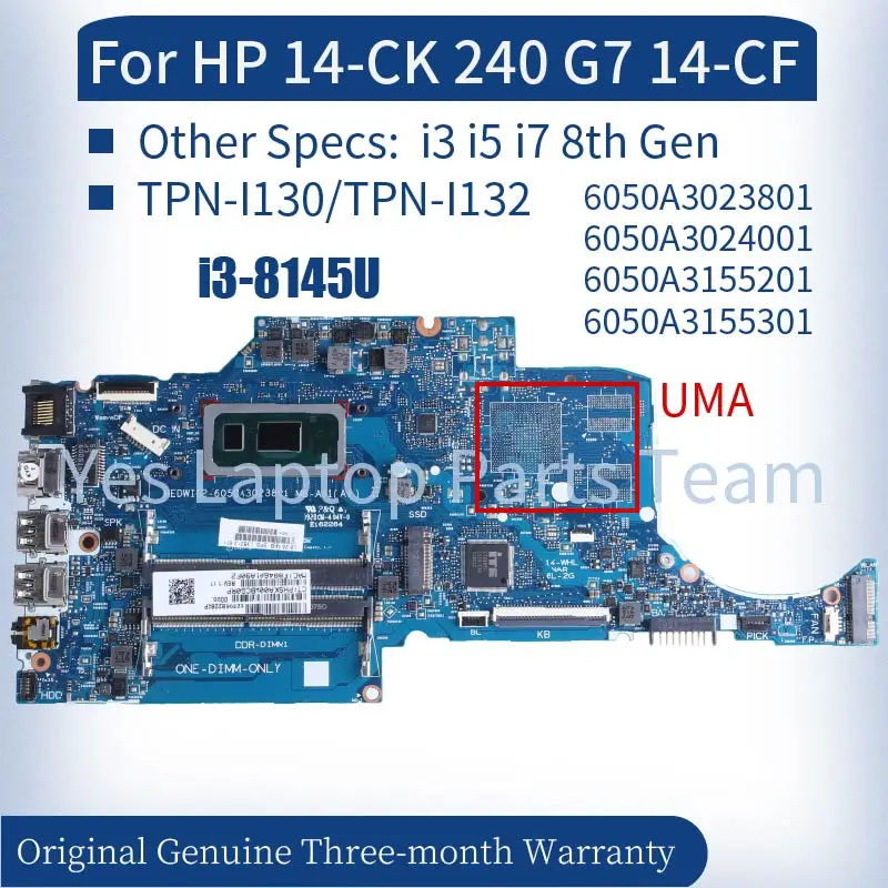 I3 I5 I7 8th For HP 14-CK 240 G7 14-CF Laptop Mainboard 6050A3023801 6050A3024001 6050A3155201 6050A3155301 Notebook Motherboard