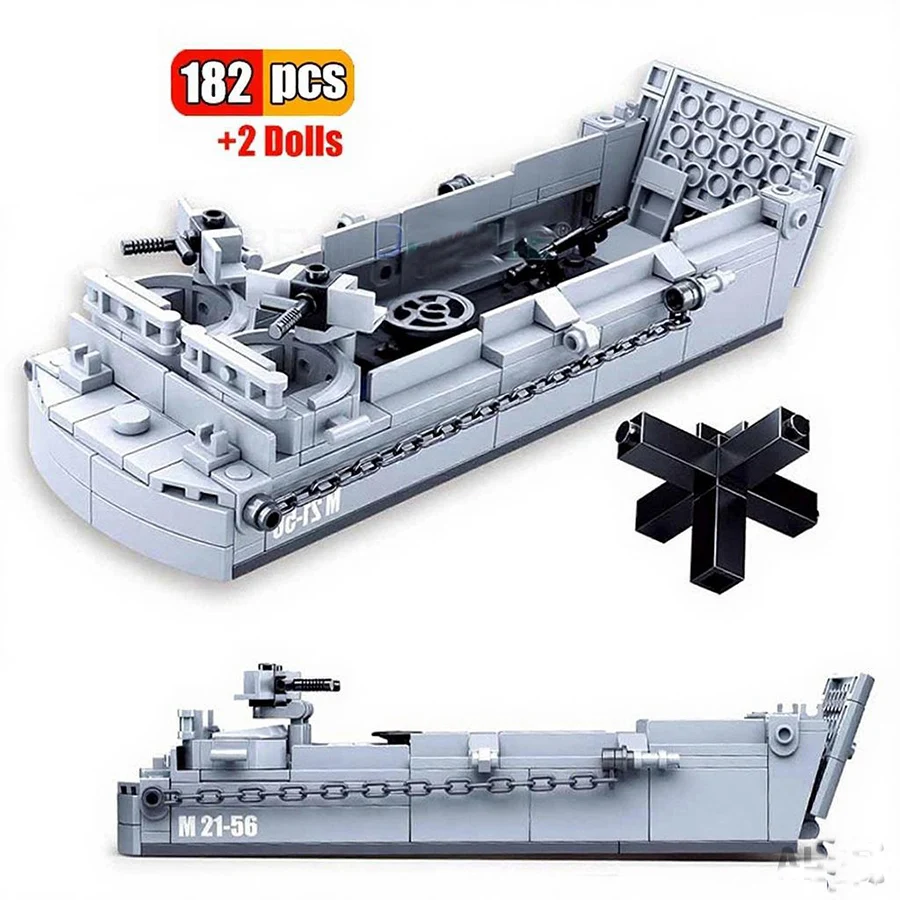 182Pcs 0855 WW2 Military Landing Craft Warship Building Blocks Navy Boat Bricks Set Soldiers Models DIY Bricks Toys Children