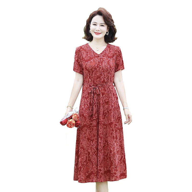 新しいミディアム丈痩身フラワープリントドレス夏の母親の服装 V ネック半袖プリント A ラインスカート