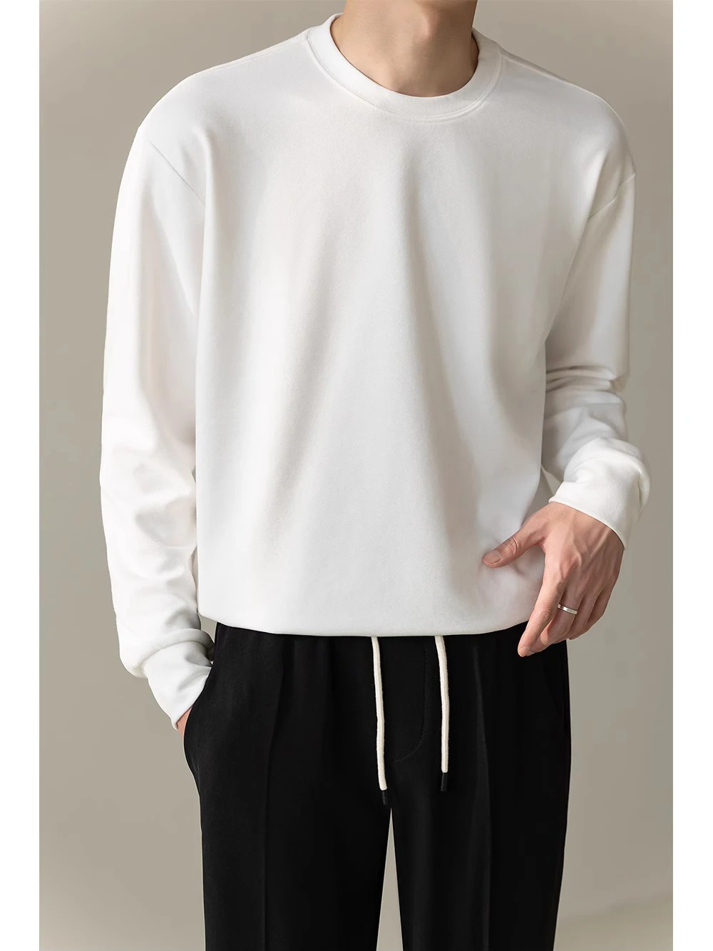 Loose Casual Long Sleeve round Neck Basic  Color Men's T-shirt Korean Style Spring Autumn New Arrival Youth Fashion