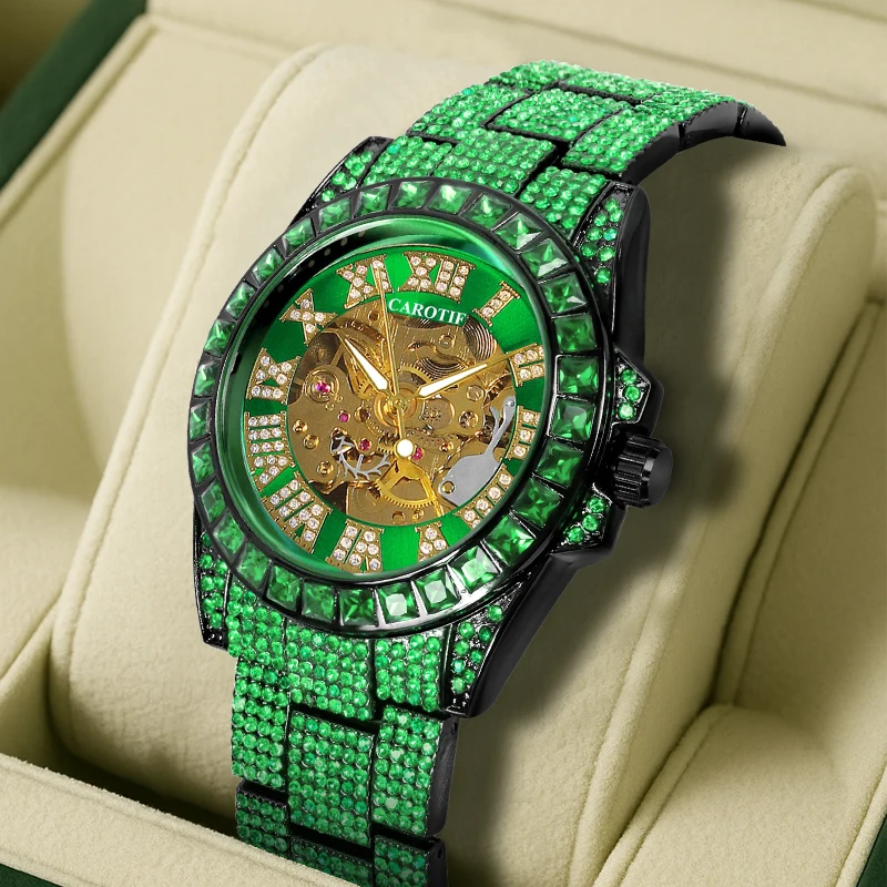 

A men's green steel strap trendy casual green shell green face Roman stud automatic mechanical watch