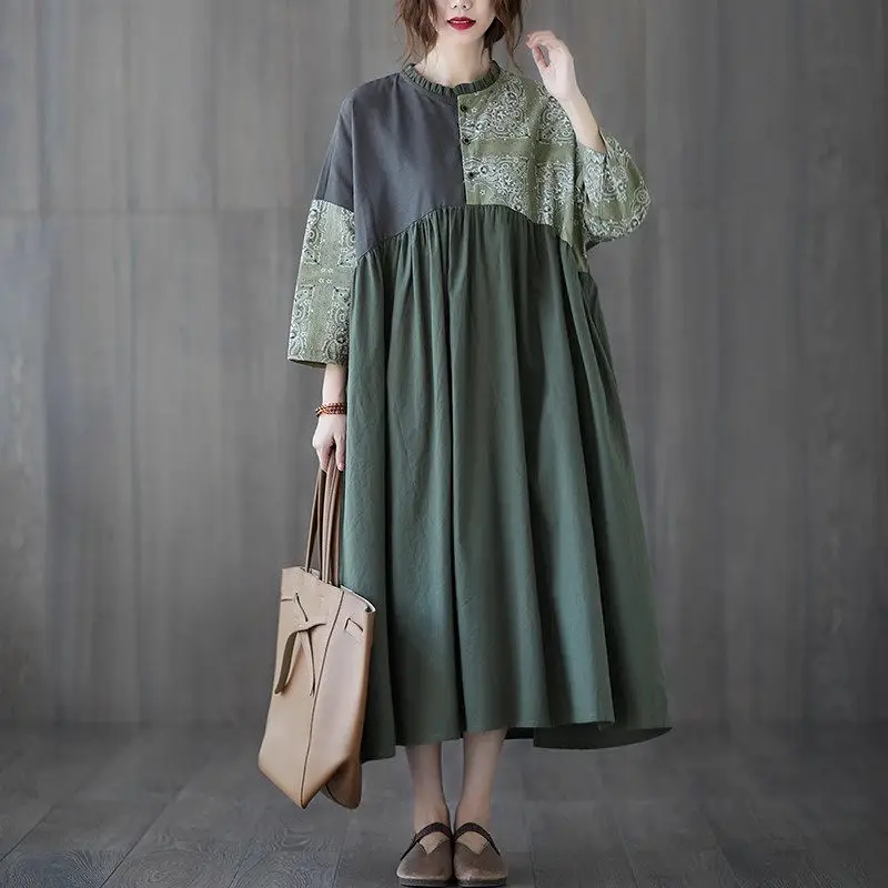 

Large Size Clothing Artistic Retro Autumn Cotton And Linen Print Hit Color Splice Casual Loose Raglan Sleeve Women Dress k2486