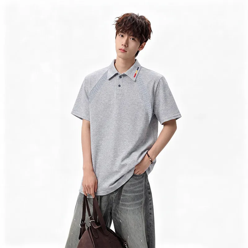 Summer Men's Mamba Cotton American Cut-Edge Patchwork Ribbed Short-Sleeve T-Shirt Polo